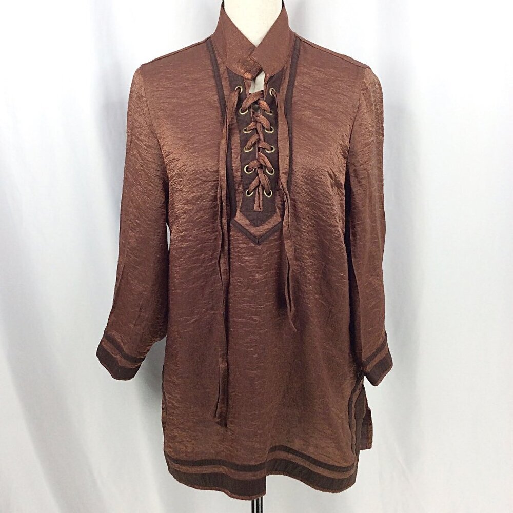 Ali Miles Tunic Top Womens Size XL Brown Metallic Lace‎ Up Slit Hem